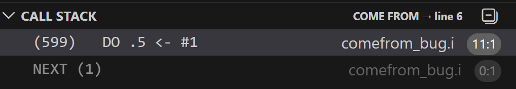 Call stack showing COME FROM annotation