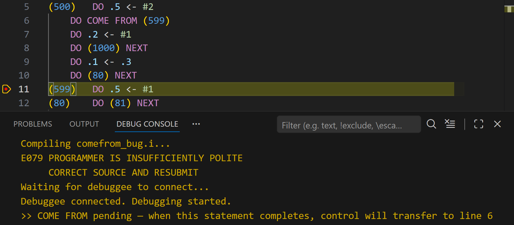 COME FROM pending notification in the debug console
