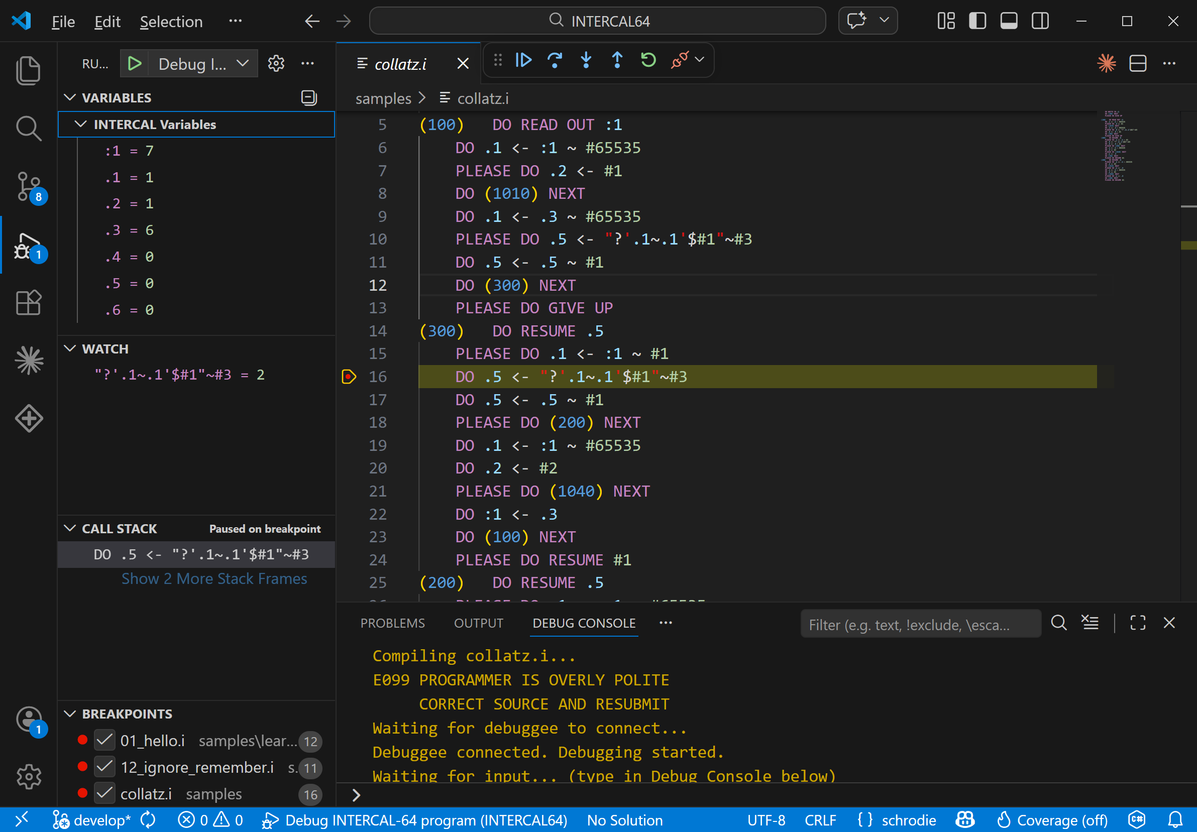 INTERCAL-64 debugger in VS Code