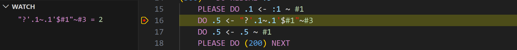 Debugger paused on a breakpoint with a watch expression evaluating an INTERCAL expression