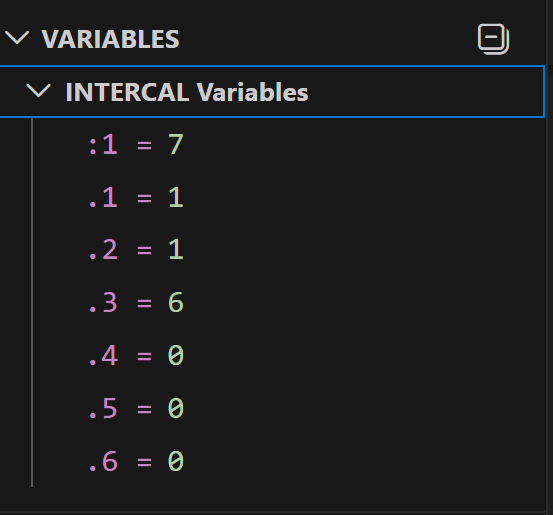 Variables panel showing spots and two-spots with their current values